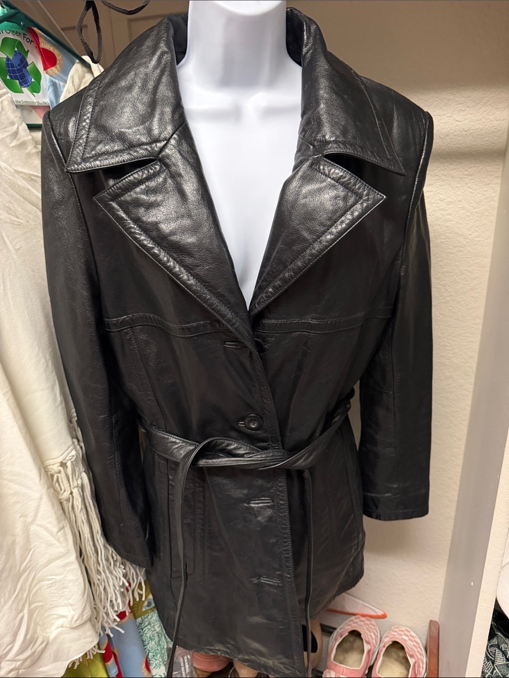 Wilson Black Leather Trench Coat with Belt, size L